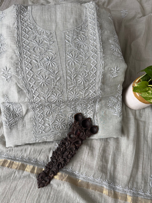 Turkish blue premium  mull chanderi lucknowi chickenkari hand embroidery three piece suit