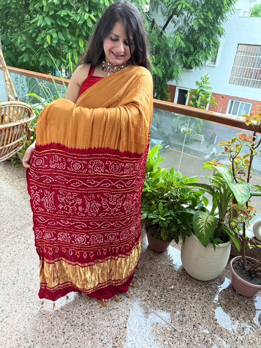 Golden  & maroon gajji silk rai bandhani chakra theme gajji sari