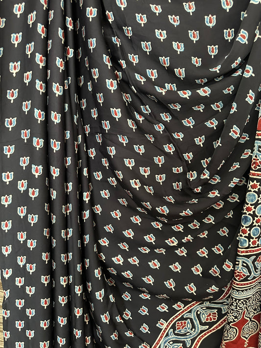 Black lotus  ajrakh modal silk sari with border