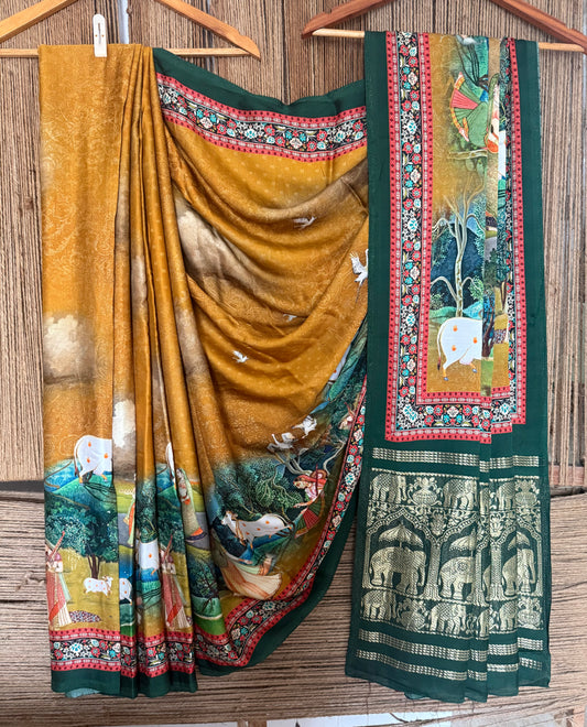 Mustard & green modal silk pichwai patola print sari with zari border pms-