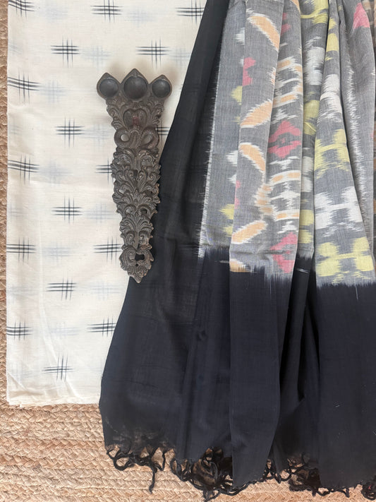 White & black merchandise cotton hanwoven kurta with ikkat pure cotton silk patola handwoven dupatta