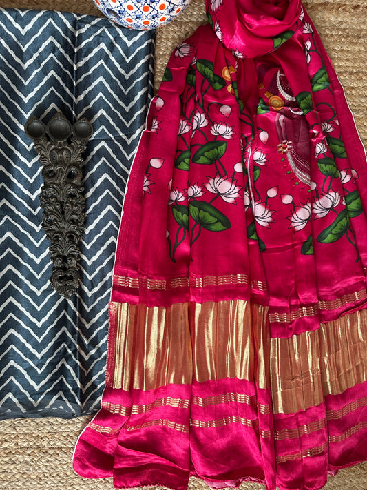 Gray zigzag mashru silk kurta with patola printed modal silk dupattas  ps-18
