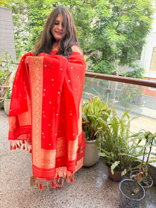 Red orange kora silk certified handloom banarsi kadwa booti three piece suit