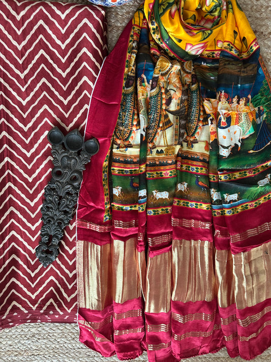 Maroon zigzag mashru silk kurta with patola handcrafted modal silk dupatta ps-3