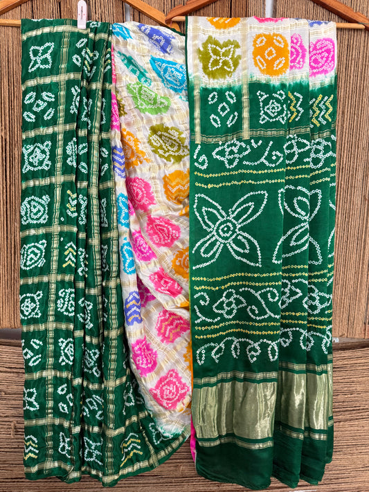 Green & multi colour gajji silk gharchola rai bandhani gajji sari