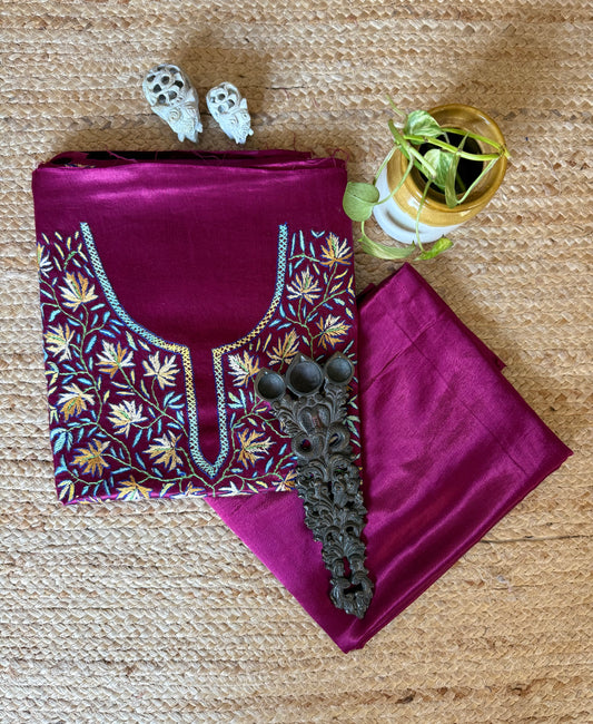 Magenta purple mashru silk hand embroidery kashmiri handembroidery sozni work cord set cs-10