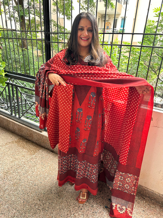Maroon  ajrakh handblock and hand crafted contemporary three piece suit set