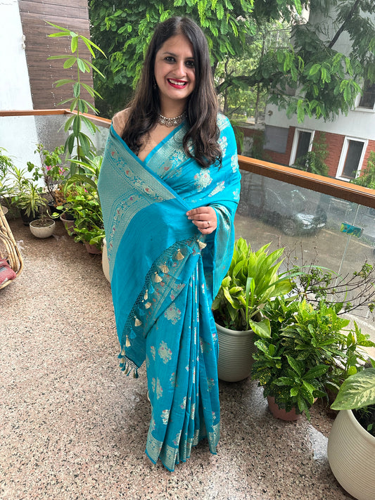 Cyan blue banarasi muga  silk certified zari woven  sari