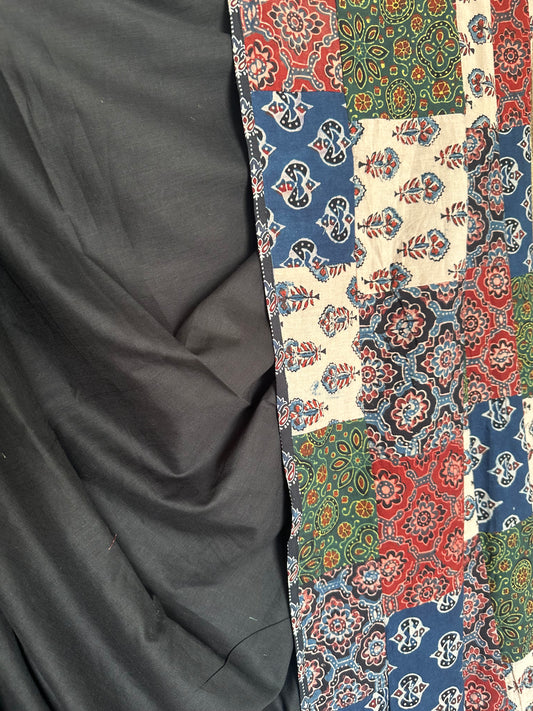 Black patch work  ajrakh hand crafted mull saree