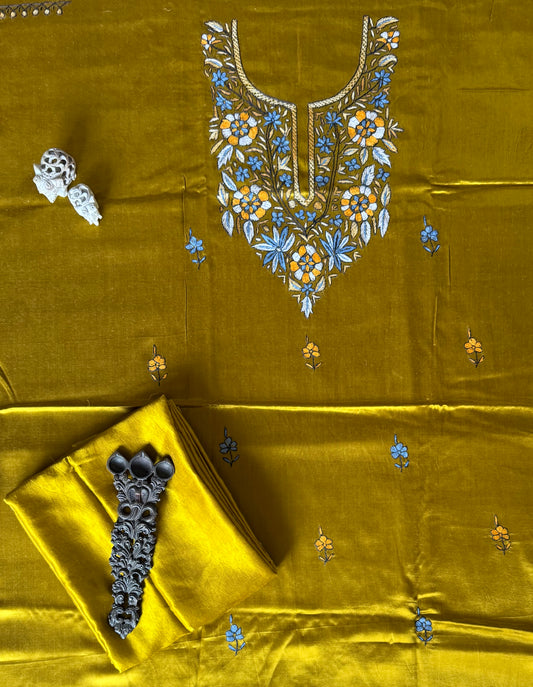 Mustard mashru silk hand embroidery kashmiri handembroidery sozni work cord set cs- 21