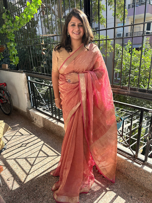 Rose pink  banarasi zari crushed tissue sari