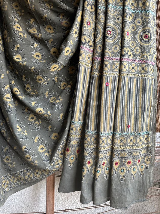 Mehendi green cotton ajrakh handembroidery sari