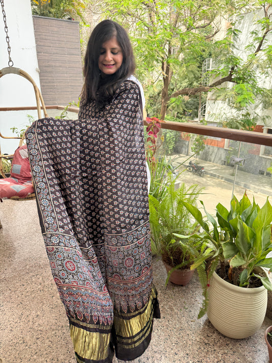 Black ajrakh silk zari woven dupatta