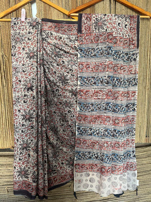 Beige  kalamkari mull cotton  ajrakh hand crafted sari