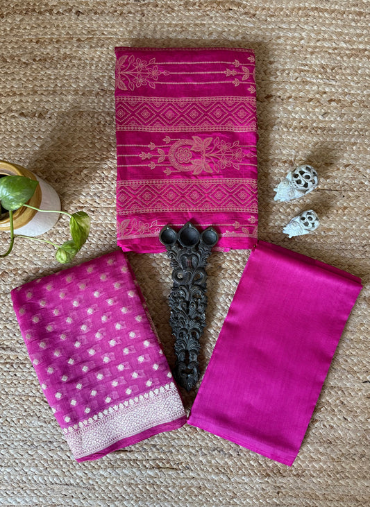 Fushica pink chinia silk certified handloom banarsi booti three piece suit
