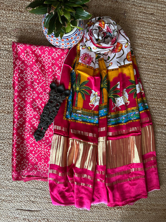 Pink patola mashru silk kurta with patola handcrafted modal silk dupatta ps-46