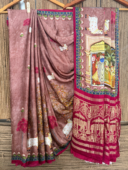 Dusty pink patola modal silk  pichwai print sari with zari border pms-10155
