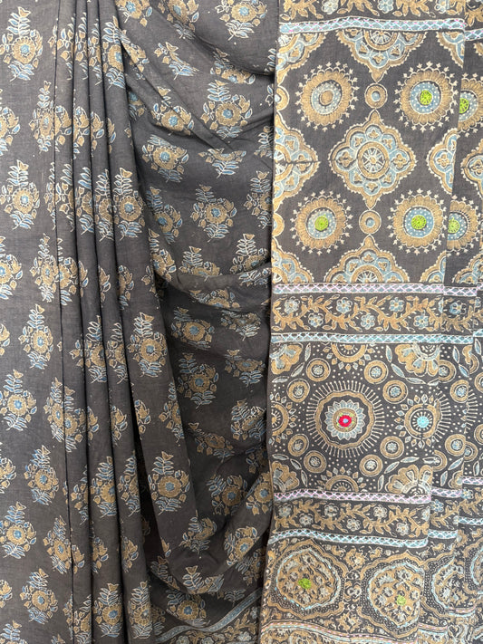 Hunter green mull cotton  ajrakh hand crafted sari
