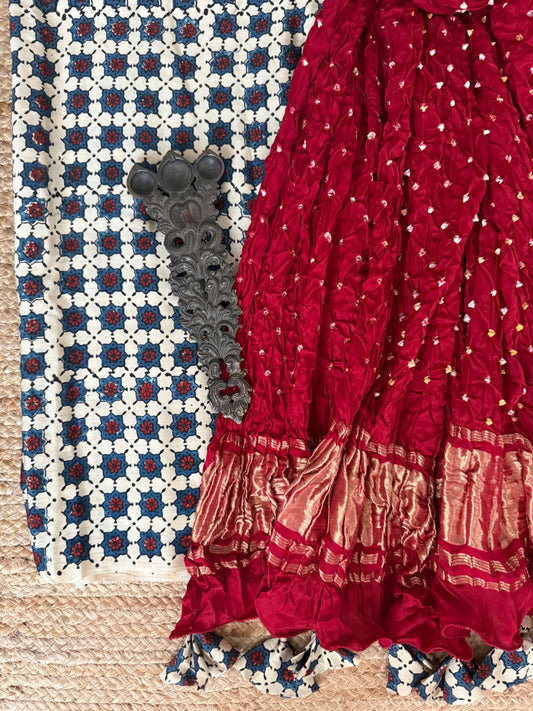 Beige & red ajrakh mashru silk kurta with bandhani handcrafted modal silk dupatta
