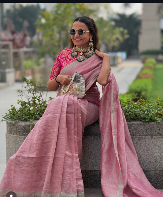 Dusty pink metallic linen sari with woven  border tassels