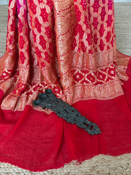 Red & Pink  handwoven neemzari bareek bandhani in khaddi georgette dupatta