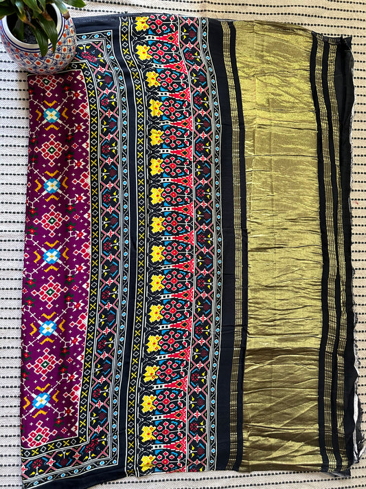 Magenta purple modal silk patola print sari with zari border pms- 1030