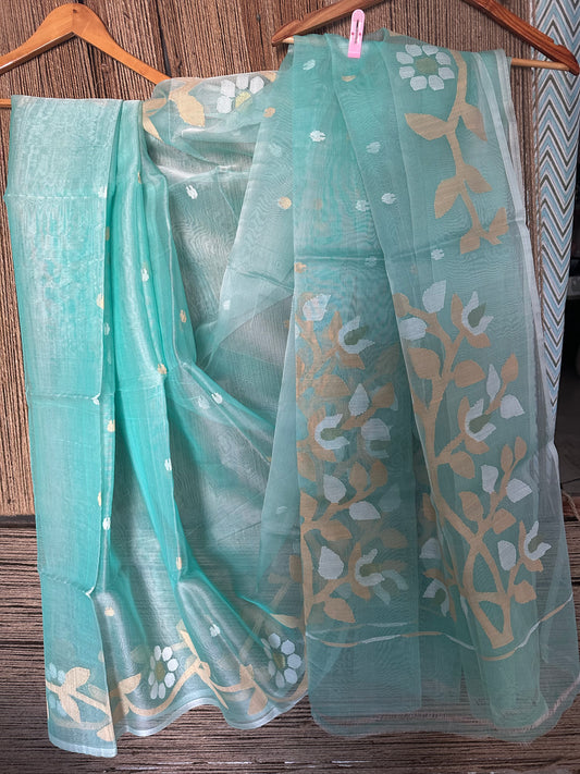 Mint green jamdani handwoven pure muslin silk sari