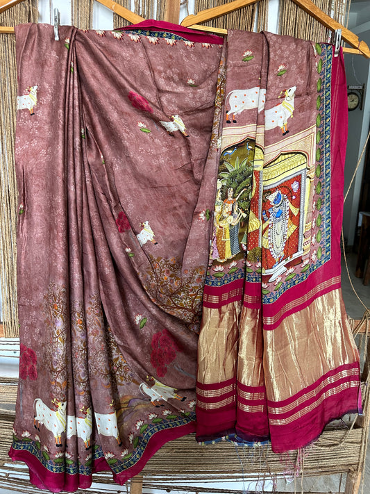 Blush pink  pichwai modal silk print sari with zari border pms- 1035
