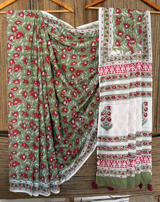 Green sanganeri handcrafted block print cotton sari