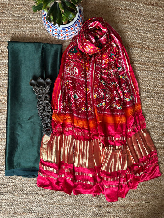 Dark green mashru silk kurta with patola handcrafted modal silk dupatta ps-100