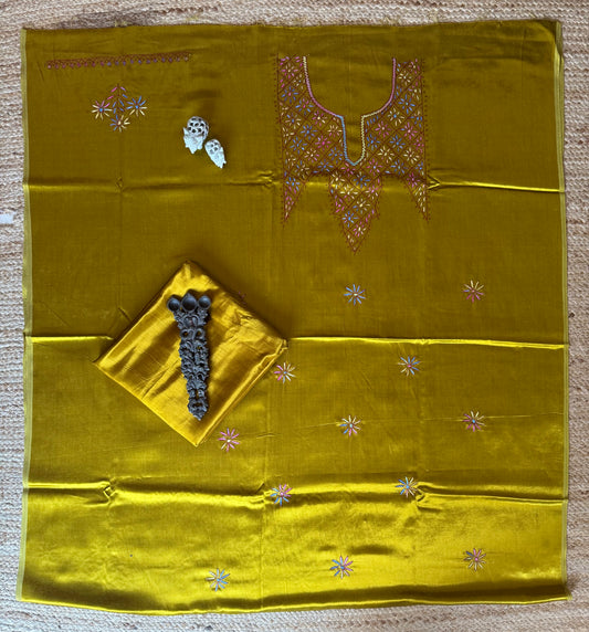 Mustard yellow mashru silk hand embroidery kashmiri handembroidery sozni work cord set cs-8