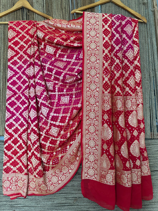 Red & pink  dual shade handwoven neem zari bareek bandhani saree with khaddi georgette bs- 6