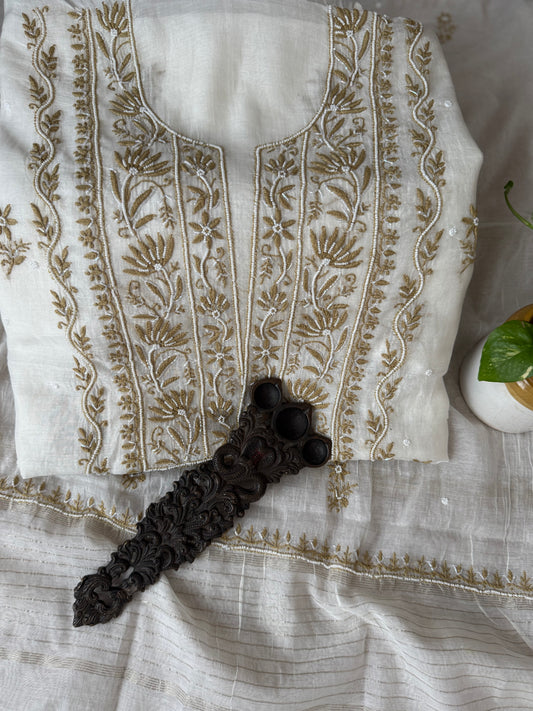 White & mehendi green embroidery premium mull chanderi lucknowi chickenkari with moti work hand embroidery three piece suit