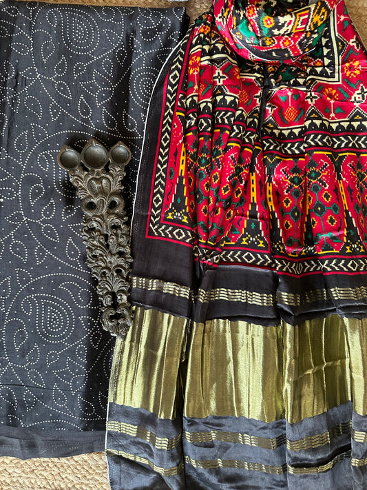 Black mashru silk kurta with patola handcrafted modal silk dupatta ps-44