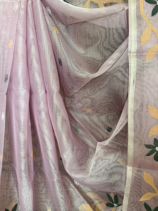 Pale pink jamdani handwoven pure muslin silk sari mjs -57