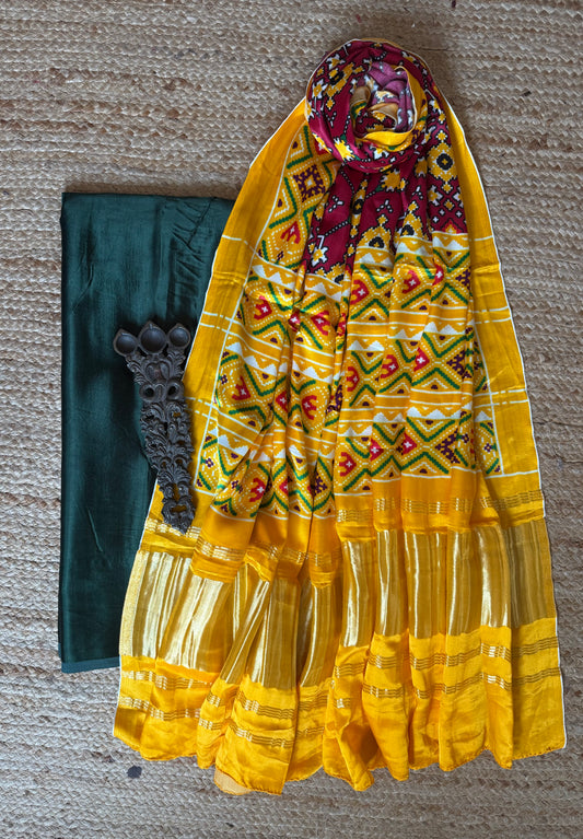 Green solid mashru silk kurta with patola   printed modal silk dupattas