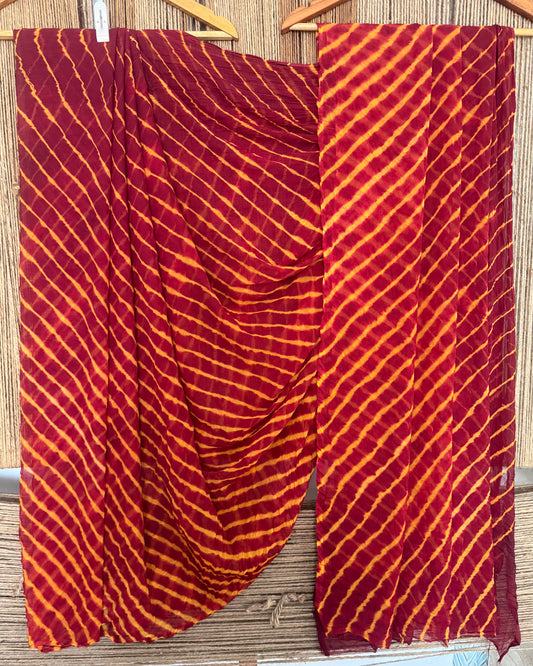 Maroon leheriya handcrafted chiffon saree