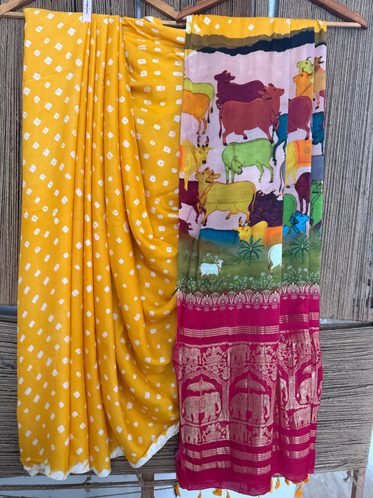 Yellow & pink modal silk bandhani  sari with pichwai print bps 49