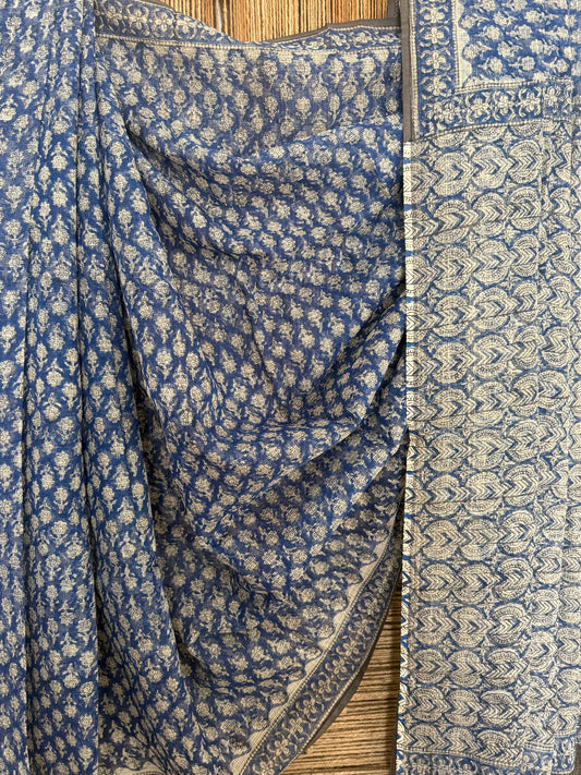 Blue kota doria handblock sari