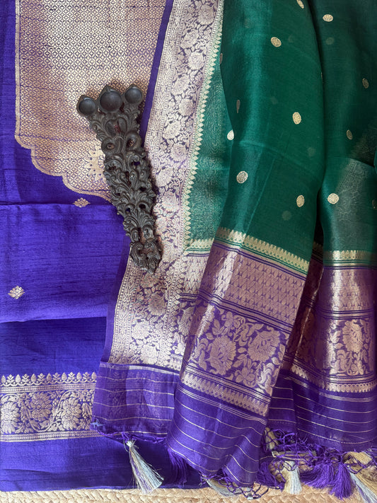 True purple raw silk certified handloom banarsi kadwa butti with woven zari three piece suit