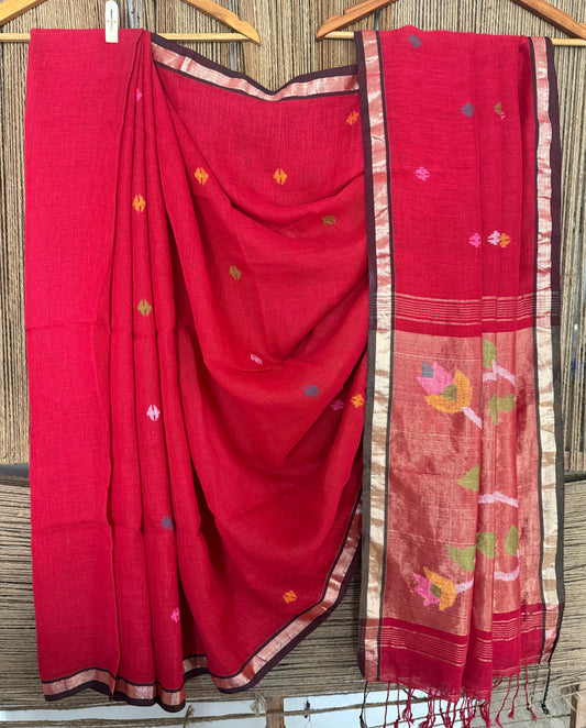 Red handwoven pure linen silk jamdani sari with zari pallu