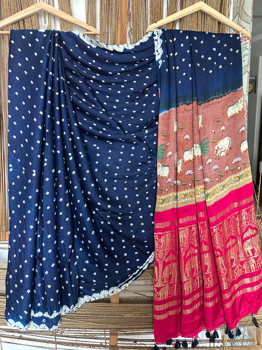 Blue modal silk bandhani  handcrafted with pichwai print sari in nakshi elephant  border bps 6