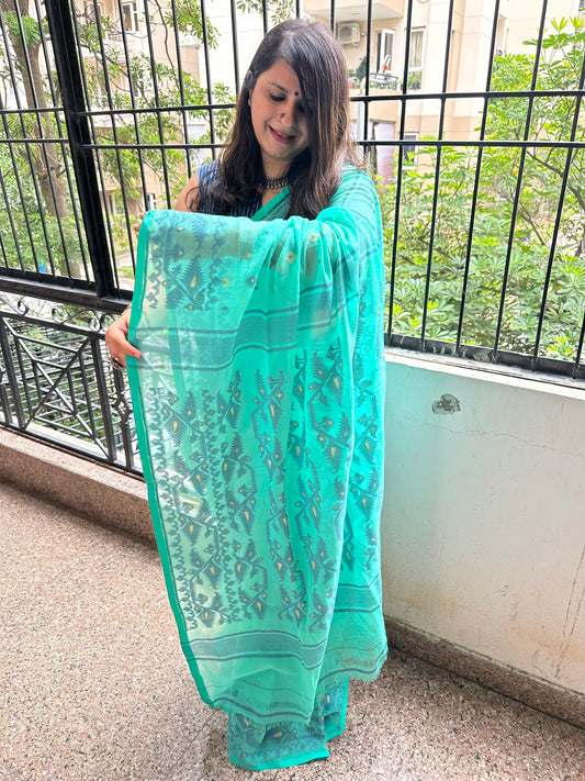 Sea green mull handloom cotton jamdani woven sari