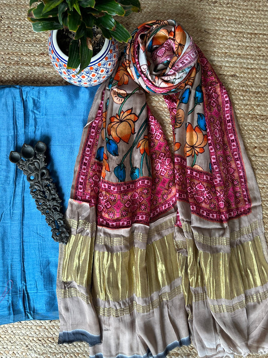 Blue mashru silk kurta with patola print modal silk dupattas ps-10126