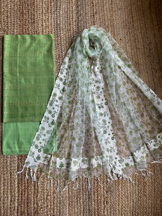 Green solid kurta with organza hand woven dupatta