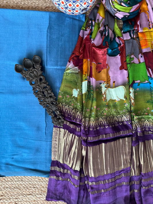 Sky blue solid mashru silk kurta with patola handcrafted modal silk dupatta ps-10142