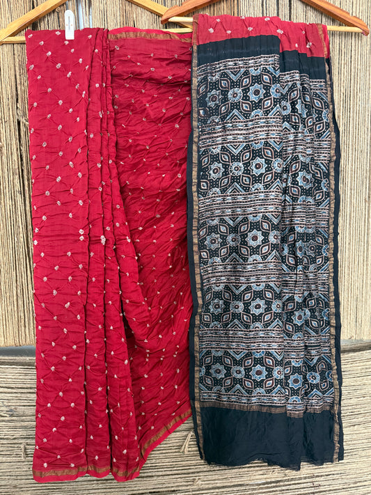 Red chanderi silk bandhani handcrafted ajrakh sari