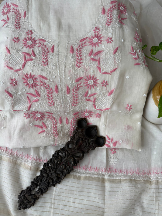 White & pink embroidery premium mull chanderi lucknowi chickenkari with moti work hand embroidery three piece suit