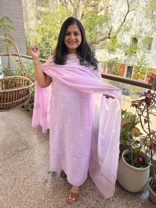 Mauve purple premium mull chanderi lucknowi chickenkari with moti work hand embroidery three piece suit