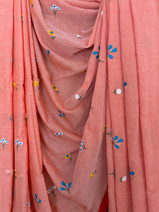 Coral passion  mull embroidery handloom sari with tassels